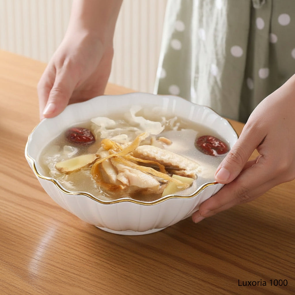 Filles en céramique européen haut de gamme à bords dorés, bol à salade de fruits, bol à riz domestique pour petit-déjeuner, vaisselle d'hôtel et de restaurant