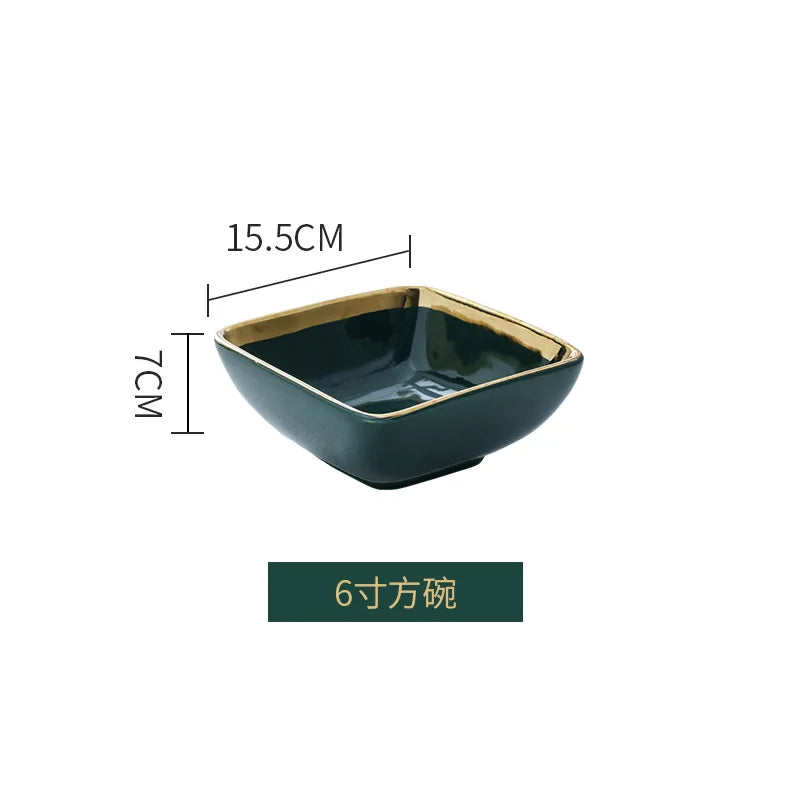 Ensemble de vaisselle QueCooking en céramique vert foncé, moderne, luxe, vaisselle, plats, maison, bordure dorée, porcelaine, steak, pâtes