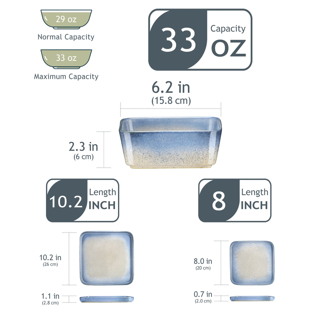 Vancasso Ensemble de couverts carrés classiques de 12 pièces pour 4 assiettes à dîner carrées, assiettes à dessert, assiettes et bols de service