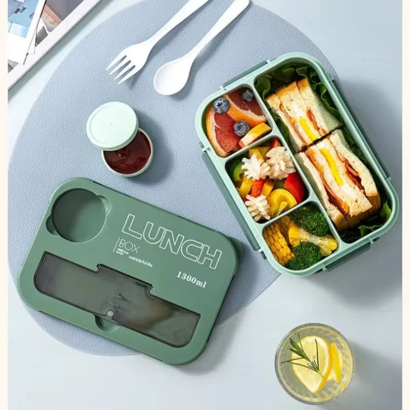 Boîte à lunch avec ustensiles de cuisine, micro-ondable, lave-vaisselle, livres, bento hermétique, étudiants, adultes, école, bureau, 1300ml, 4 grilles