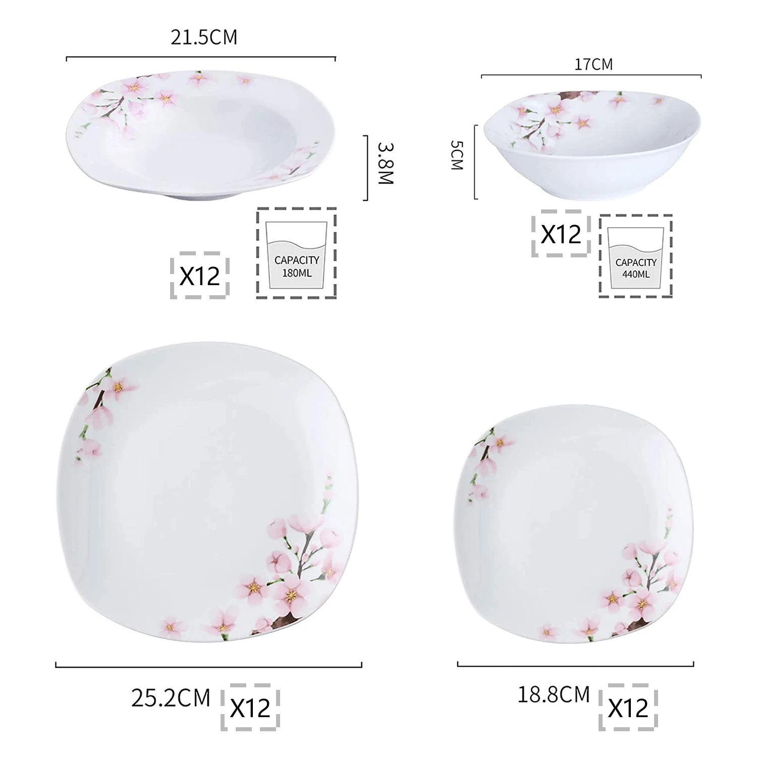 VEWEET ANNIE Ensemble d'assiettes à dîner en céramique porcelaine 24 pièces avec bol, assiette à dessert, assiette à soupe, assiette à dîner pour 12 personnes