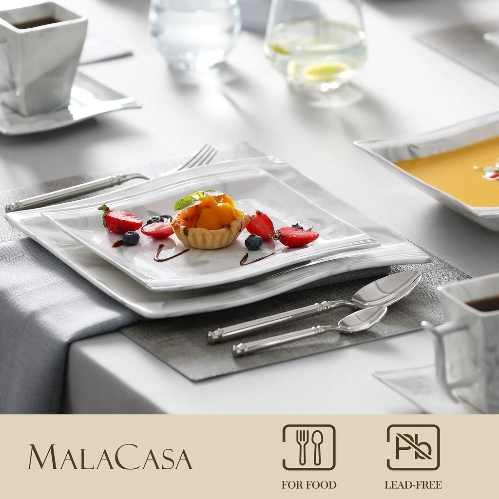 MALACASA FLORA 30/60 pièces ensemble de vaisselle en porcelaine grise marbre avec 6 pièces assiette à dîner/dessert/soupe/tasses et soucoupes ensemble de vaisselle