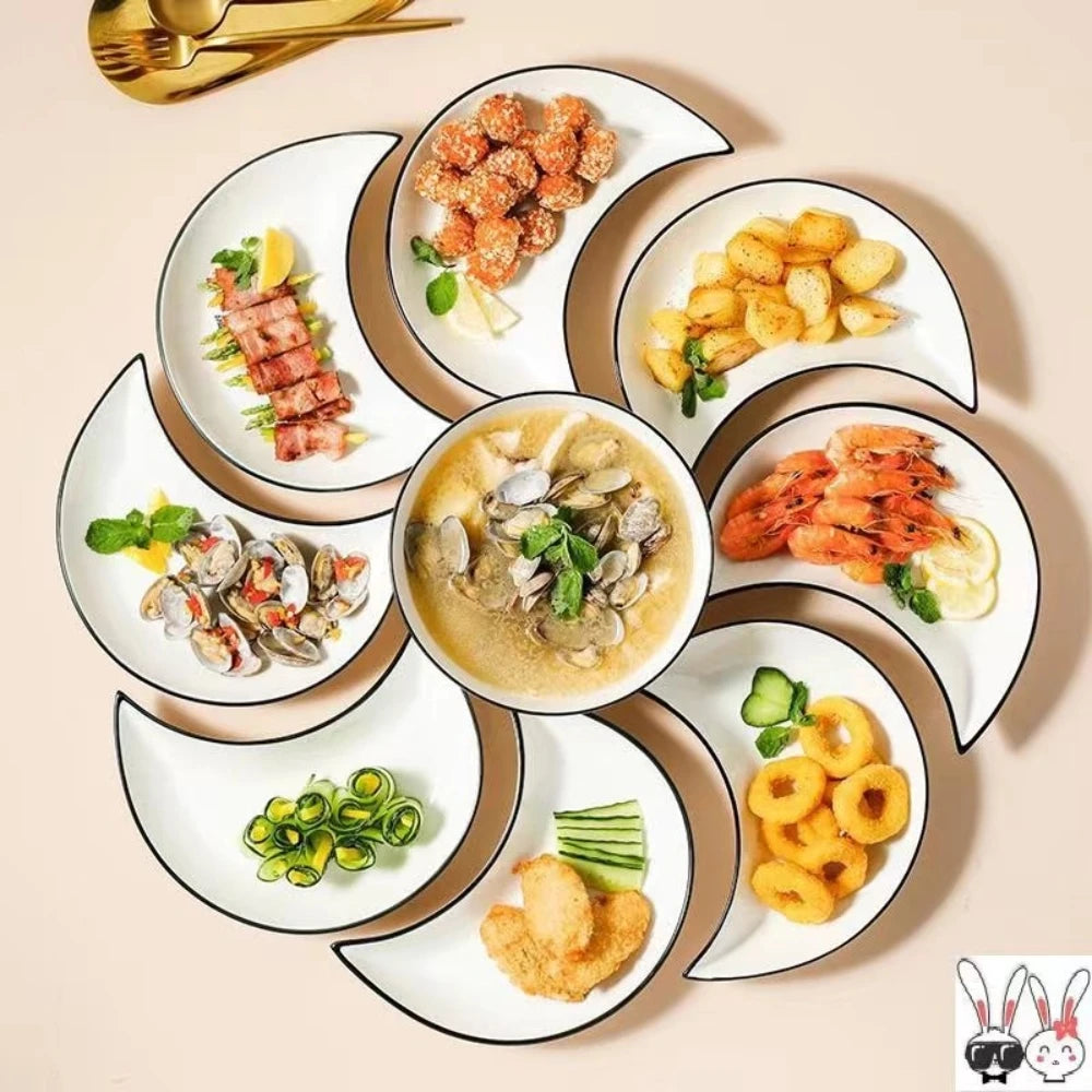 Service de vaisselle en céramique pour réunion, 5 pièces, assiette chaude en forme de lune, combinaison d'assiettes flexibles selon la consommation alimentaire