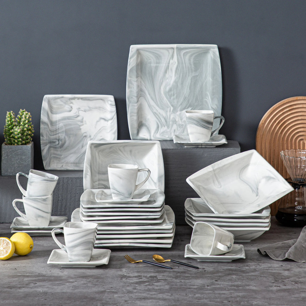 MALACASA .co.jp-Service de Vaisselle en Porcelaine Grise Marbré, avec 6 Assiettes à Dessert, à Soupe, à Queue, à Tasse, S/05, Service pour 12, 30/60 Pièces