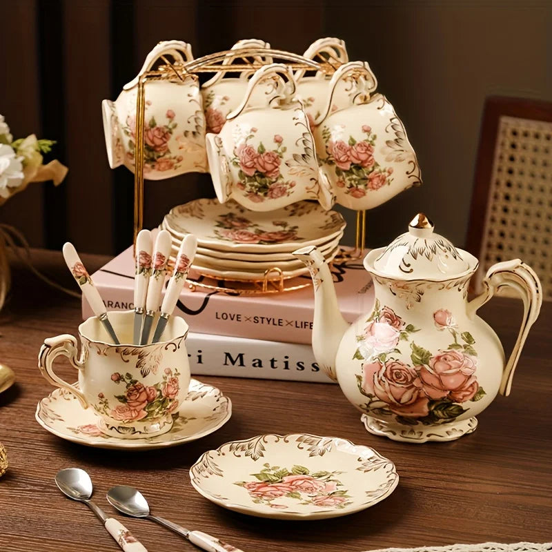 Ensemble de tasses à thé et soucoupes à arbustes fleuris, service à thé, ensemble de tasses à thé florales en céramique ivoire avec support doré, ensemble de tasses à café