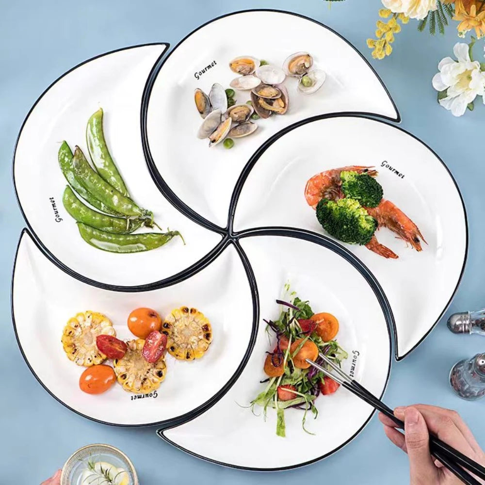 Service de vaisselle en céramique pour réunion, 5 pièces, assiette chaude en forme de lune, combinaison d'assiettes flexibles selon la consommation alimentaire