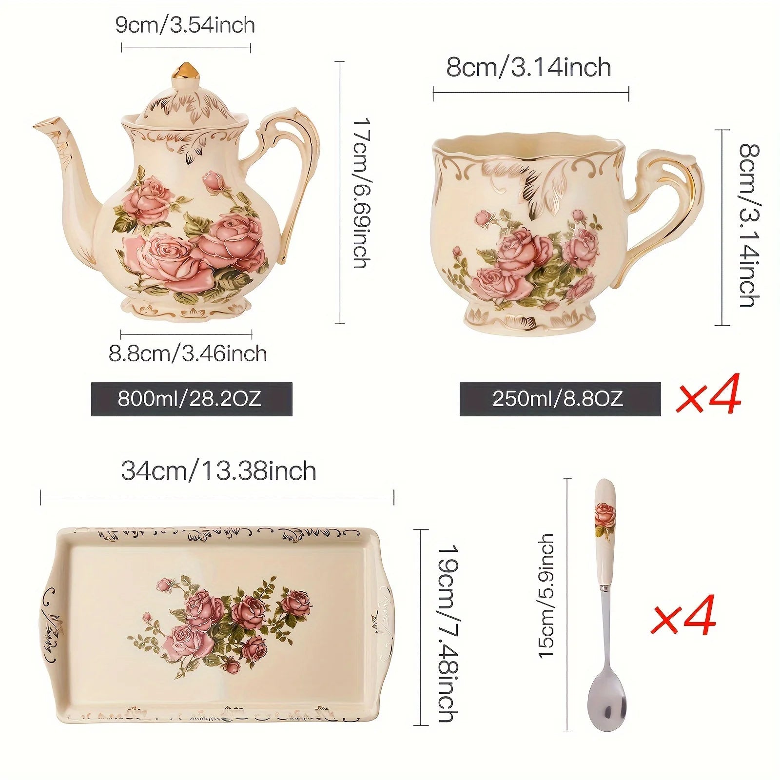 Ensemble de tasses à thé et soucoupes à arbustes fleuris, service à thé, ensemble de tasses à thé florales en céramique ivoire avec support doré, ensemble de tasses à café