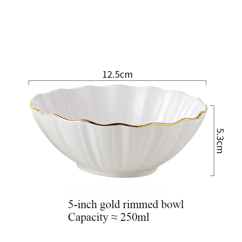 Filles en céramique européen haut de gamme à bords dorés, bol à salade de fruits, bol à riz domestique pour petit-déjeuner, vaisselle d'hôtel et de restaurant