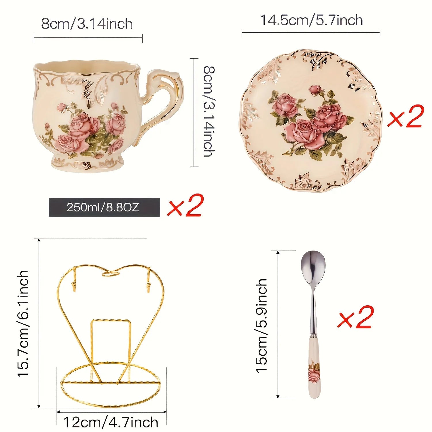 Ensemble de tasses à thé et soucoupes à arbustes fleuris, service à thé, ensemble de tasses à thé florales en céramique ivoire avec support doré, ensemble de tasses à café