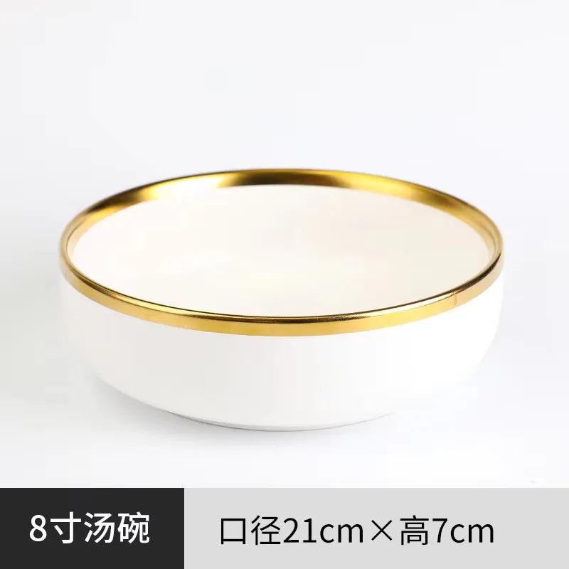 Plateau à dîner en porcelaine blanche, bord doré mat de haute qualité, assiettes de cuisine, vaisselle en céramique, plats alimentaires, bol à nouilles pour salade de riz