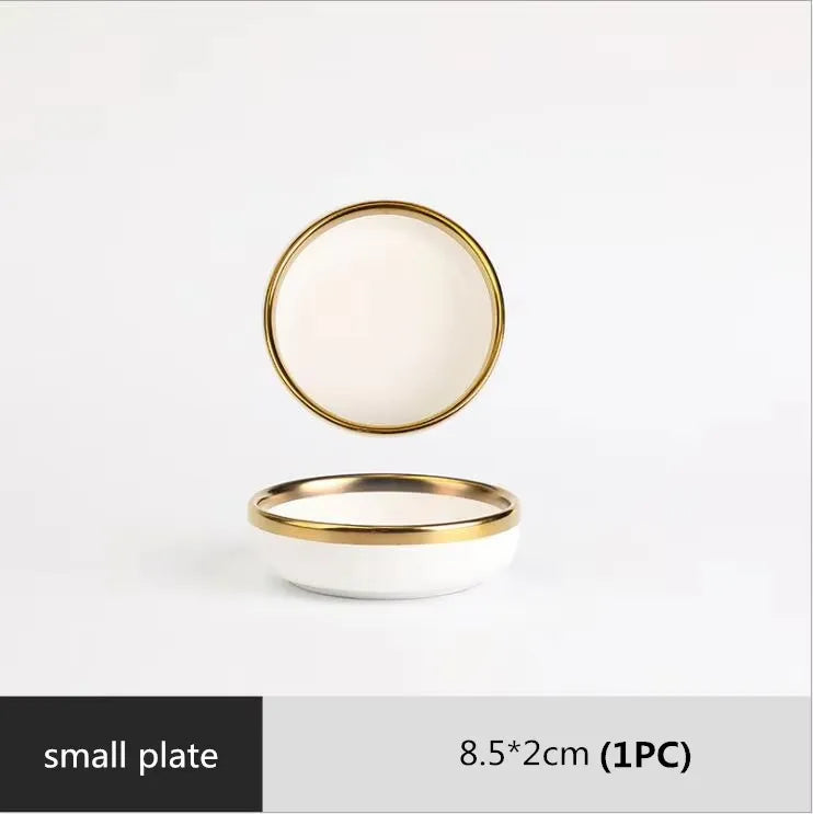 Plateau à dîner en porcelaine blanche, bord doré mat de haute qualité, assiettes de cuisine, vaisselle en céramique, plats alimentaires, bol à nouilles pour salade de riz