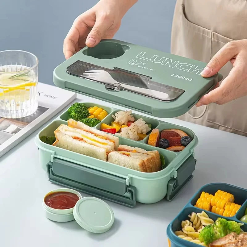Boîte à lunch avec ustensiles de cuisine, micro-ondable, lave-vaisselle, livres, bento hermétique, étudiants, adultes, école, bureau, 1300ml, 4 grilles