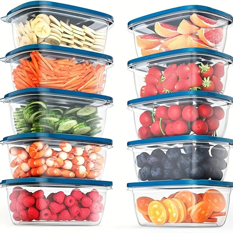 Un ensemble de 6 récipients de conservation des aliments en plastique transparent empilables avec couvercles bleus et marquages de mesure-réutilisables, lave-vaisselle et