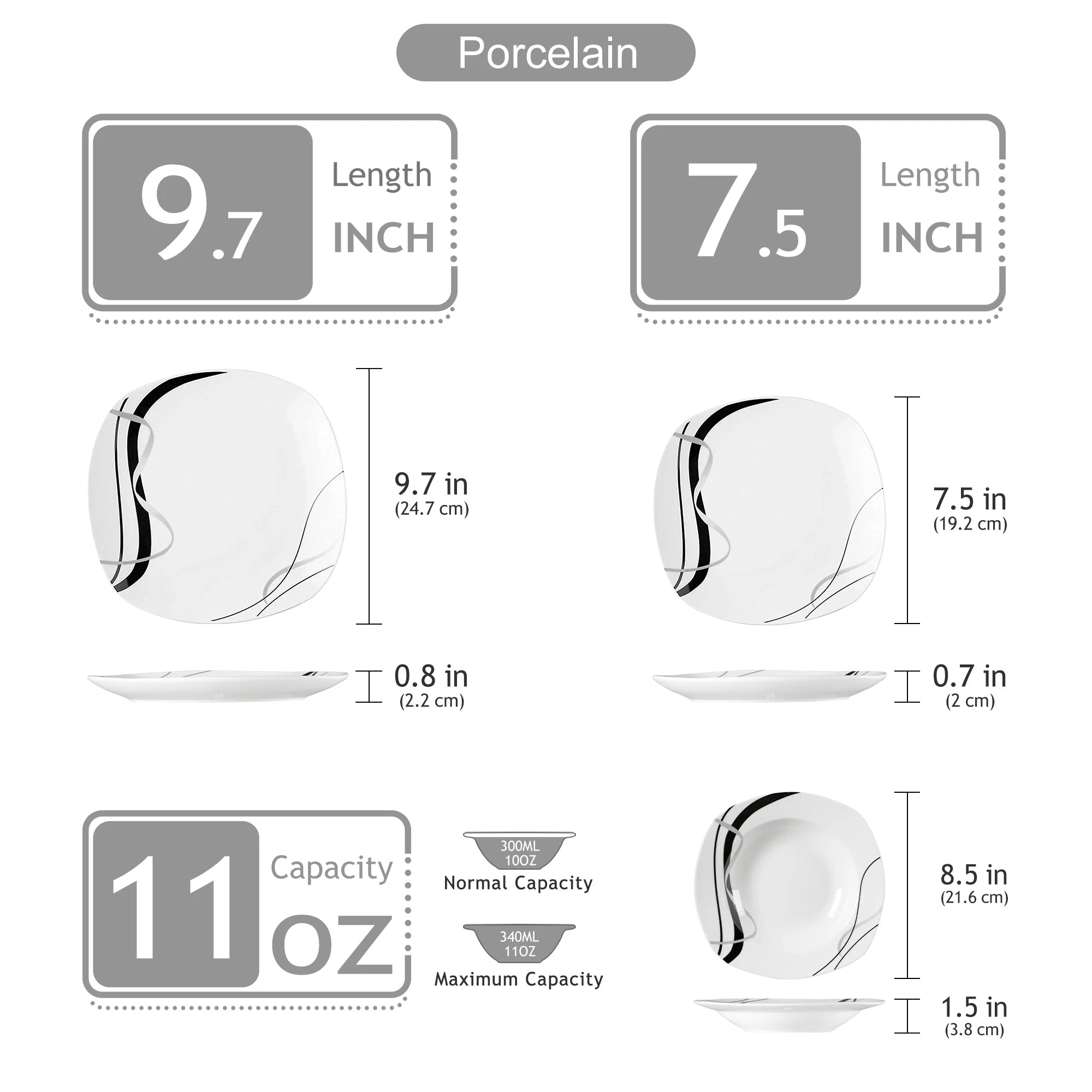 VEWEET FIONA-Service de vaisselle de cuisine en porcelaine, 18/36 pièces, en céramique, ligne noire, avec quePlate, dessert, soupe