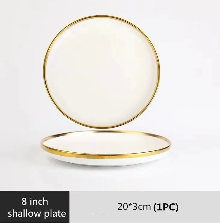 Plateau à dîner en porcelaine blanche, bord doré mat de haute qualité, assiettes de cuisine, vaisselle en céramique, plats alimentaires, bol à nouilles pour salade de riz