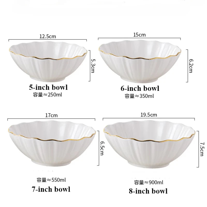 Filles en céramique européen haut de gamme à bords dorés, bol à salade de fruits, bol à riz domestique pour petit-déjeuner, vaisselle d'hôtel et de restaurant