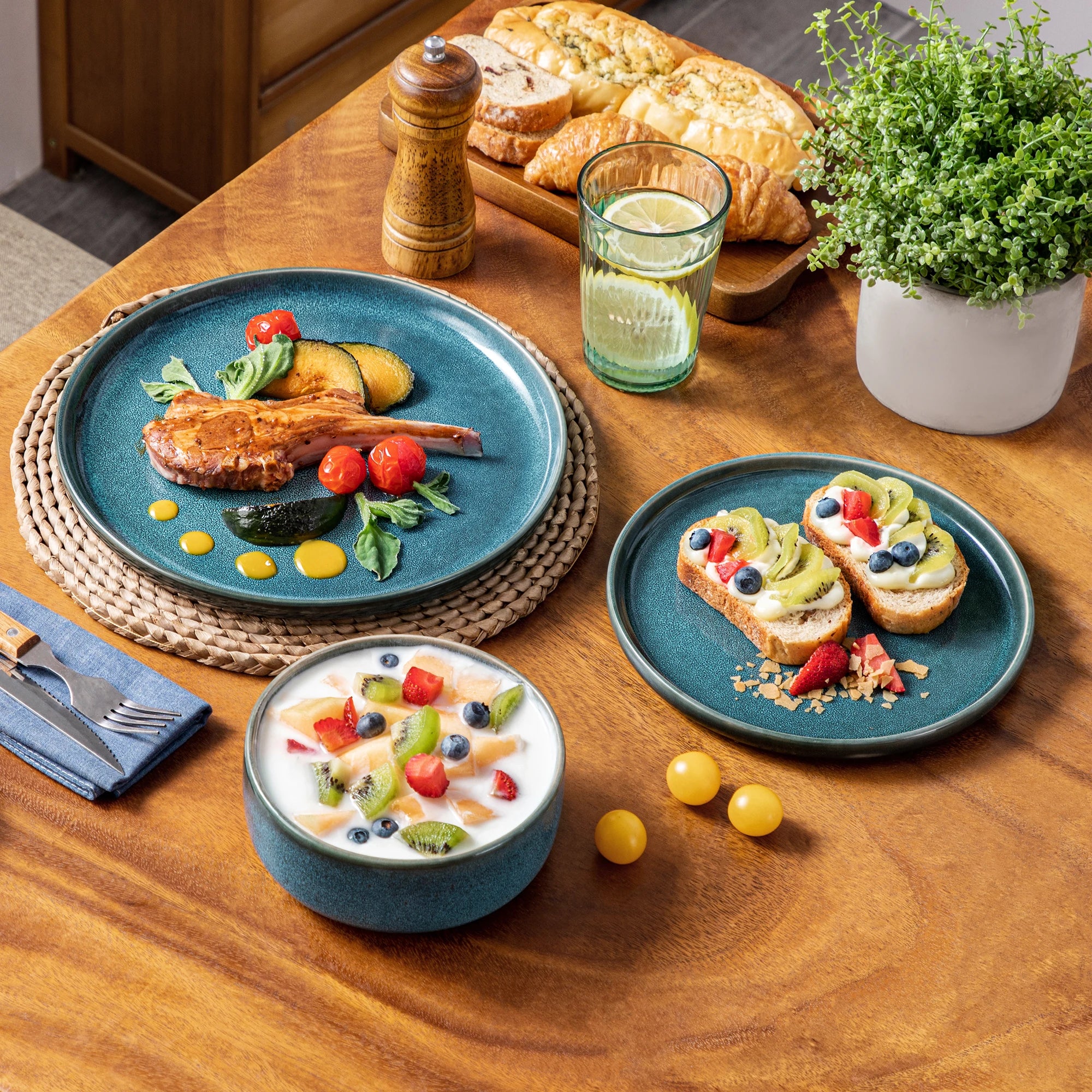 vancasso -Service de vaisselle en céramique bleue, glaçage réactif, bord vertical, assiette queplate, dessert, bol, 18/36 pièces, 6 pièces, 12 pièces