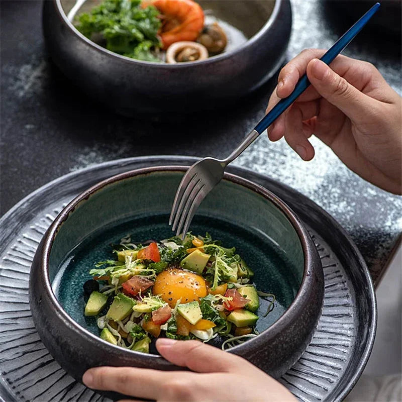 Filles à riz en céramique japonais créatif, dessert à salade Per95.ashimi, vaisselle artistique rétro, bol à soupe en verre en bois de ramen à salade