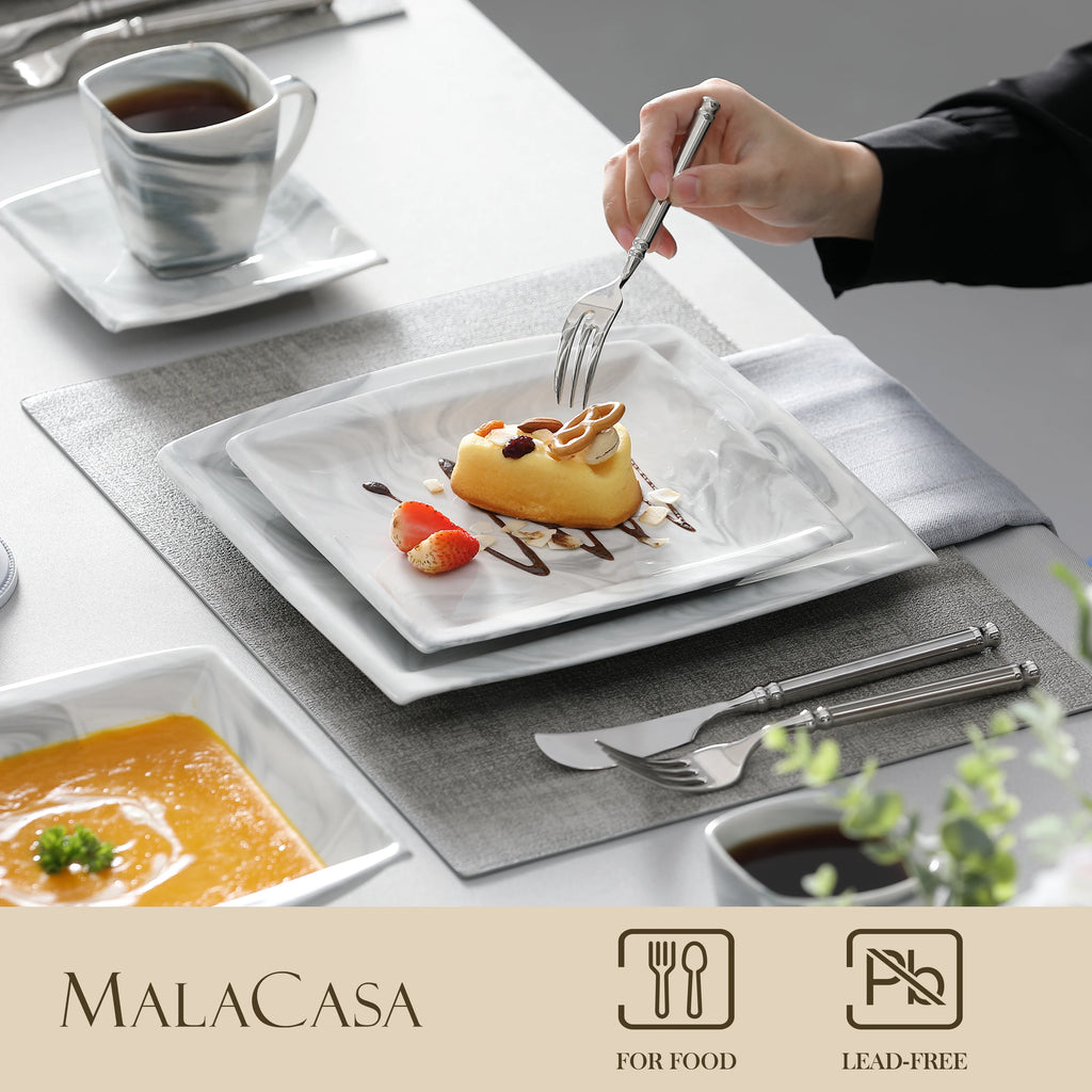 MALACASA .co.jp-Service de Vaisselle en Porcelaine Grise Marbré, avec 6 Assiettes à Dessert, à Soupe, à Queue, à Tasse, S/05, Service pour 12, 30/60 Pièces