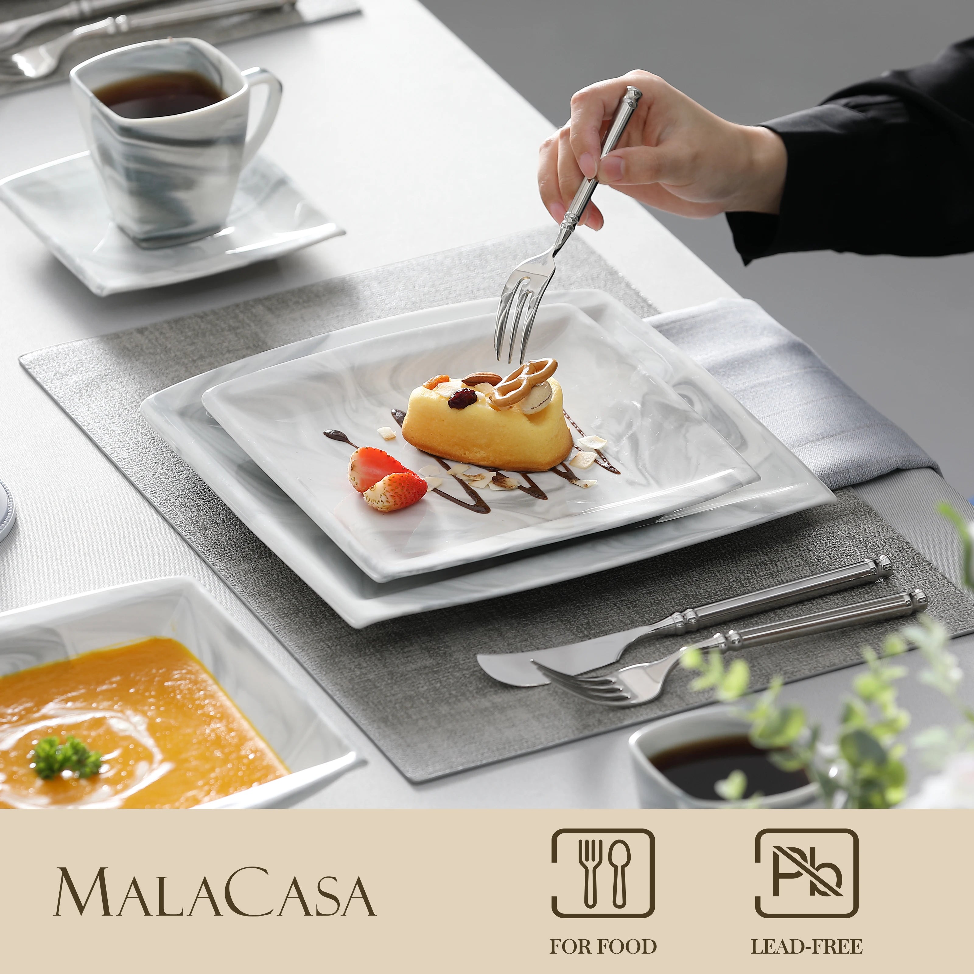 MALACASA .co.jp-Service de Vaisselle en Porcelaine Grise Marbré, avec 6 Assiettes à Dessert, à Soupe, à Queue, à Tasse, S/05, Service pour 12, 30/60 Pièces