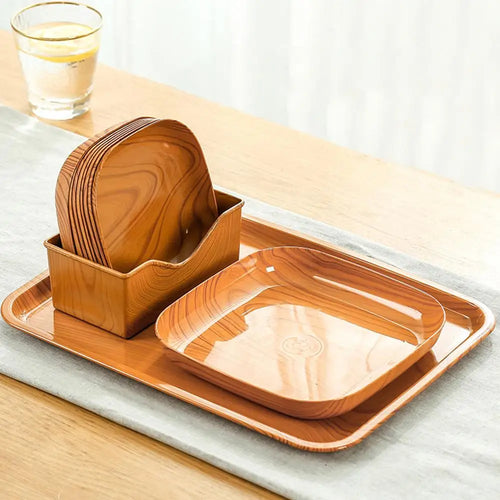 Assiette carrée en Imitation de Grain de bois de cuisine, ensemble de plats à Grain Simple japonais pour vaisselle, bol de cuisine, vaisselle, fournitures de cuisine