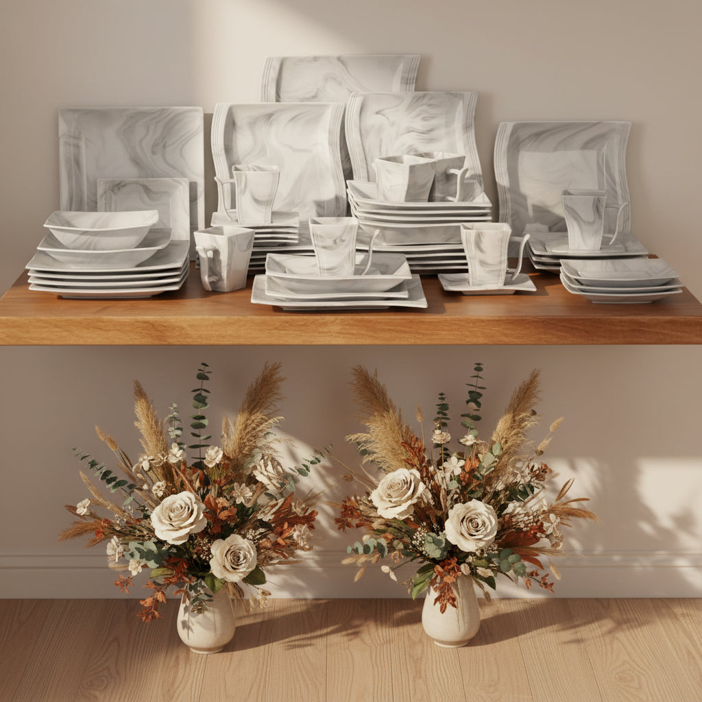 MALACASA FLORA 30/60 pièces ensemble de vaisselle en porcelaine grise marbre avec 6 pièces assiette à dîner/dessert/soupe/tasses et soucoupes ensemble de vaisselle