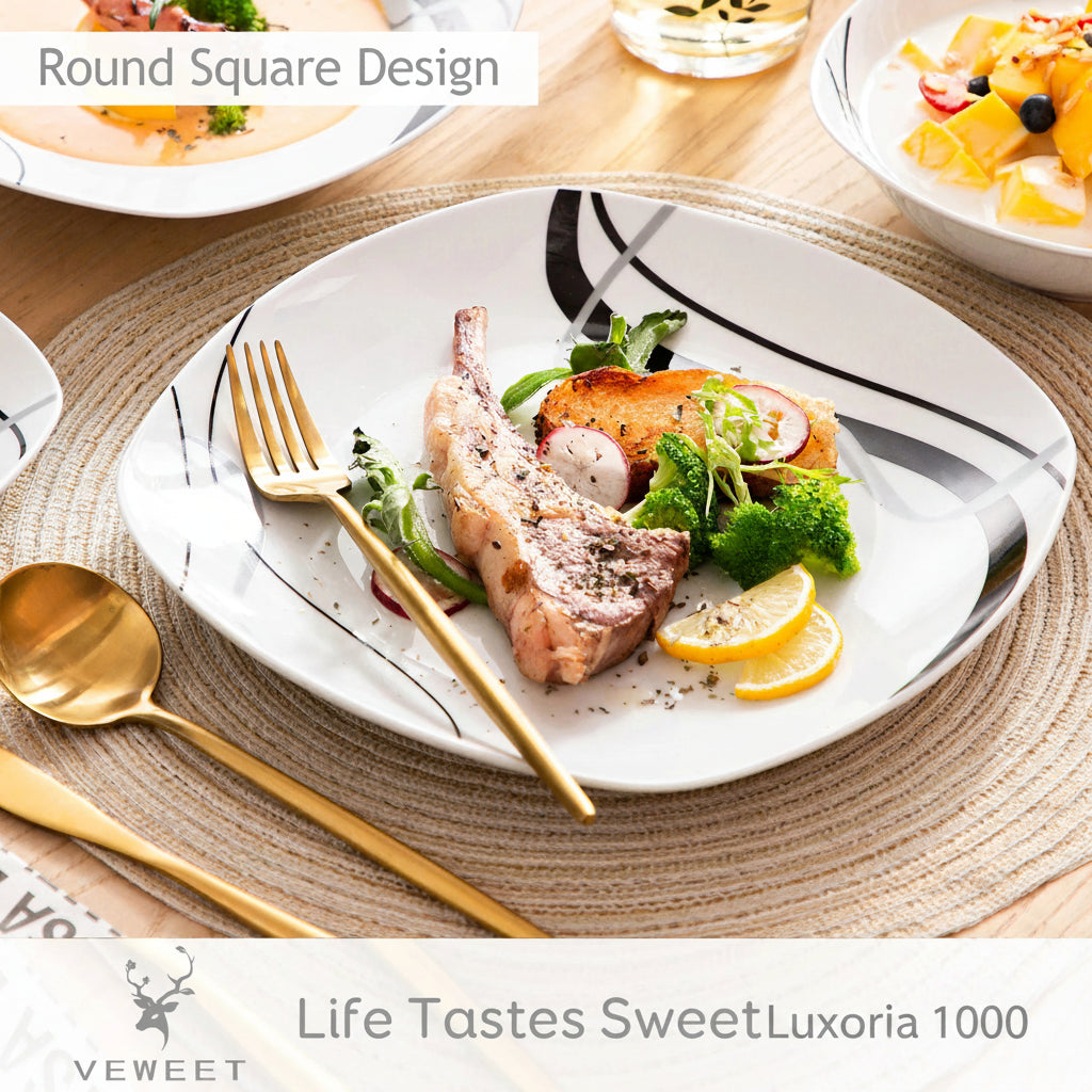 VEWEET FIONA-Service de vaisselle de cuisine en porcelaine, 18/36 pièces, en céramique, ligne noire, avec quePlate, dessert, soupe