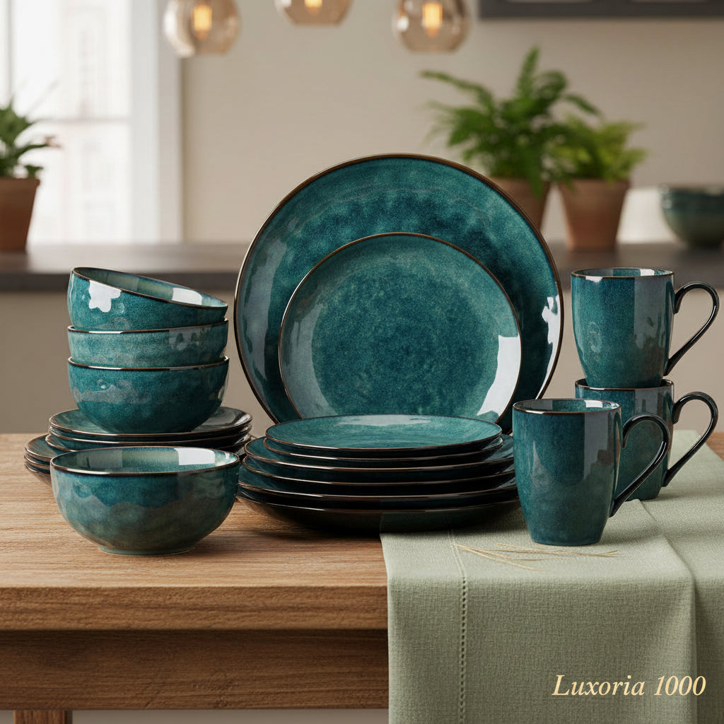 Service de table vert étoilé Vancasso 16/32 pièces, vaisselle en céramique effet four avec assiette plate, assiette à dessert, bol et tasse