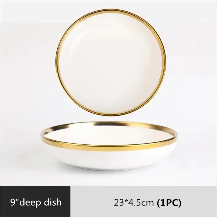 Plateau à dîner en porcelaine blanche, bord doré mat de haute qualité, assiettes de cuisine, vaisselle en céramique, plats alimentaires, bol à nouilles pour salade de riz