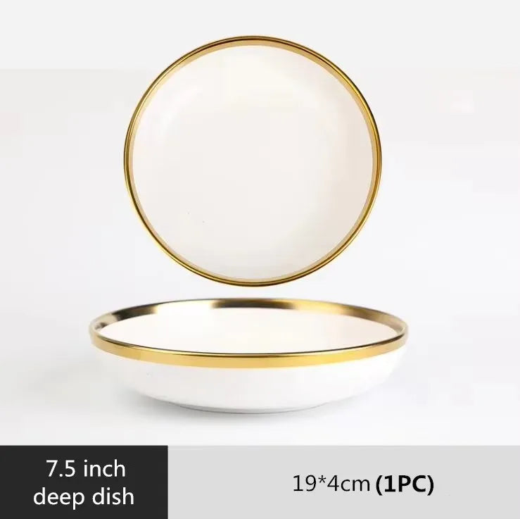 Plateau à dîner en porcelaine blanche, bord doré mat de haute qualité, assiettes de cuisine, vaisselle en céramique, plats alimentaires, bol à nouilles pour salade de riz