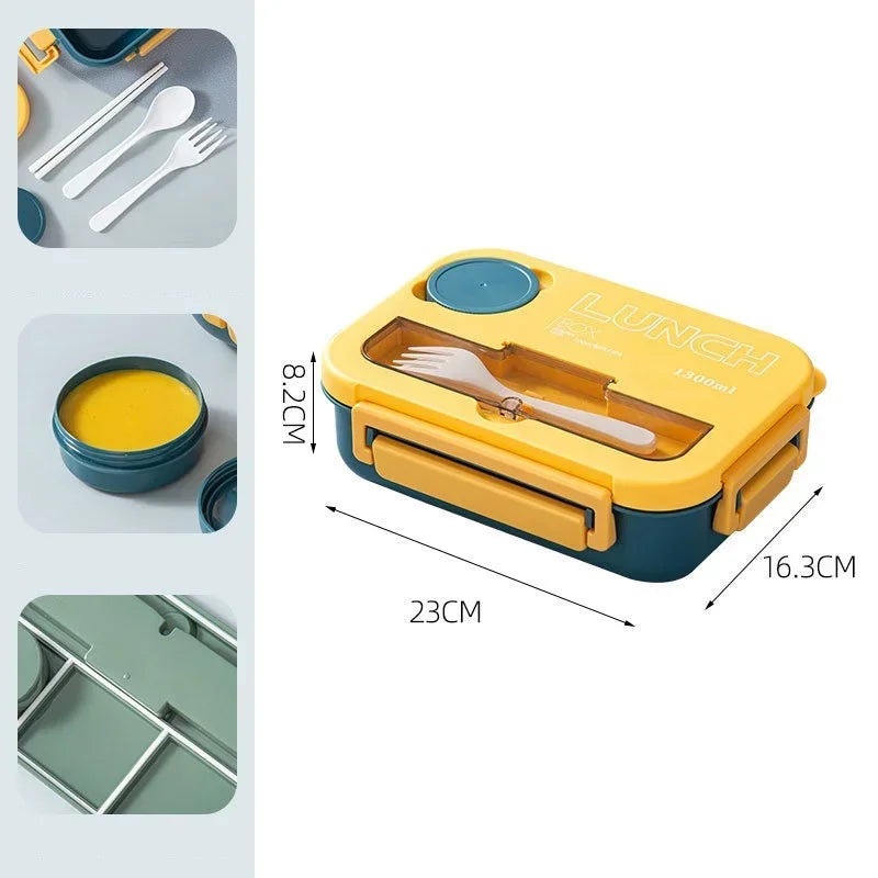 Boîte à lunch avec ustensiles de cuisine, micro-ondable, lave-vaisselle, livres, bento hermétique, étudiants, adultes, école, bureau, 1300ml, 4 grilles