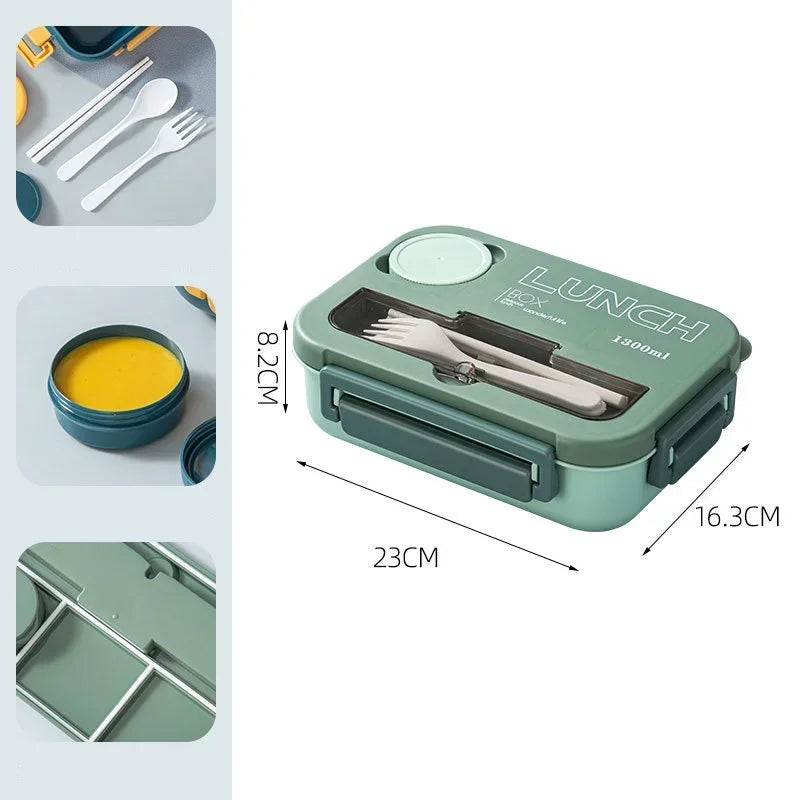 Boîte à lunch avec ustensiles de cuisine, micro-ondable, lave-vaisselle, livres, bento hermétique, étudiants, adultes, école, bureau, 1300ml, 4 grilles