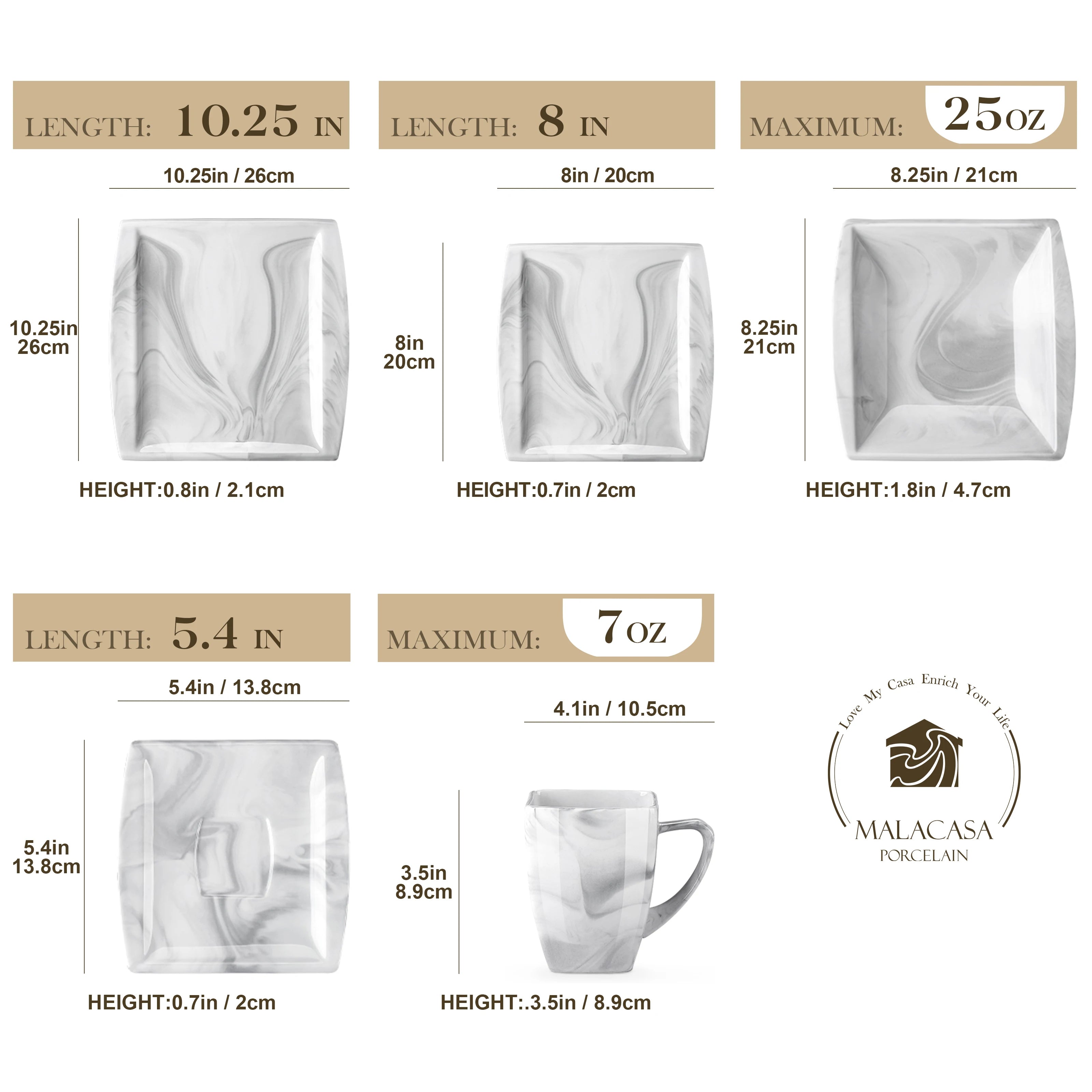MALACASA .co.jp-Service de Vaisselle en Porcelaine Grise Marbré, avec 6 Assiettes à Dessert, à Soupe, à Queue, à Tasse, S/05, Service pour 12, 30/60 Pièces
