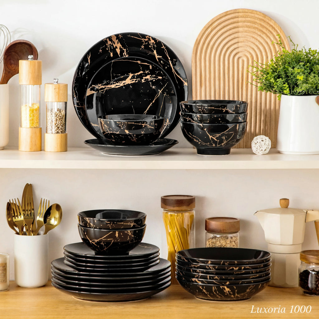 LOVECASA 24 pièces ensembles de vaisselle en glaçure dorée éclaboussures assiettes en porcelaine ensemble de dîner avec 6 pièces assiette à dîner/dessert/assiette à soupe/bol