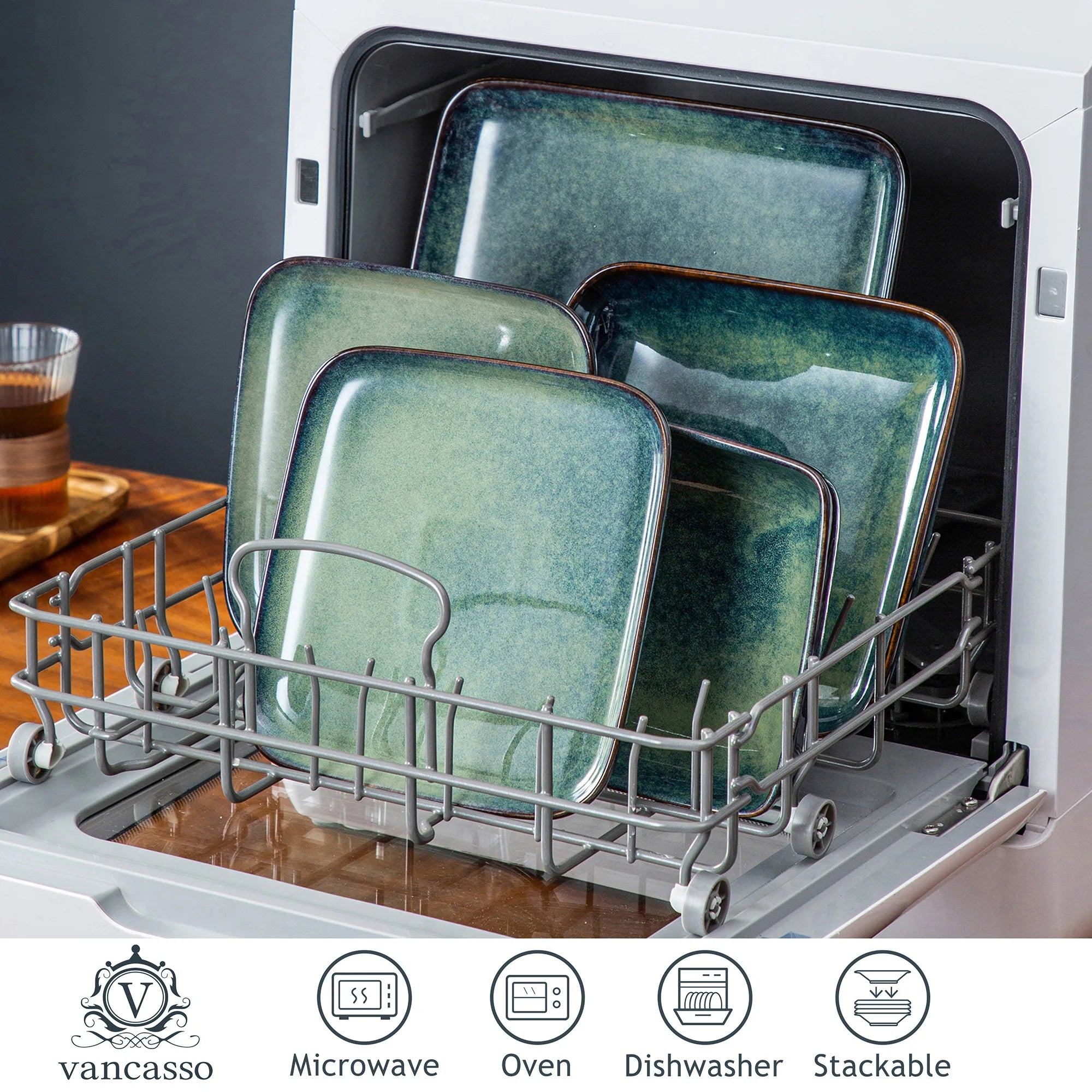 Vancasso Stern – service de table carré vert pour four, changement de glaçage, vaisselle de cuisine 16 pièces, service de vaisselle en céramique pour 4 personnes