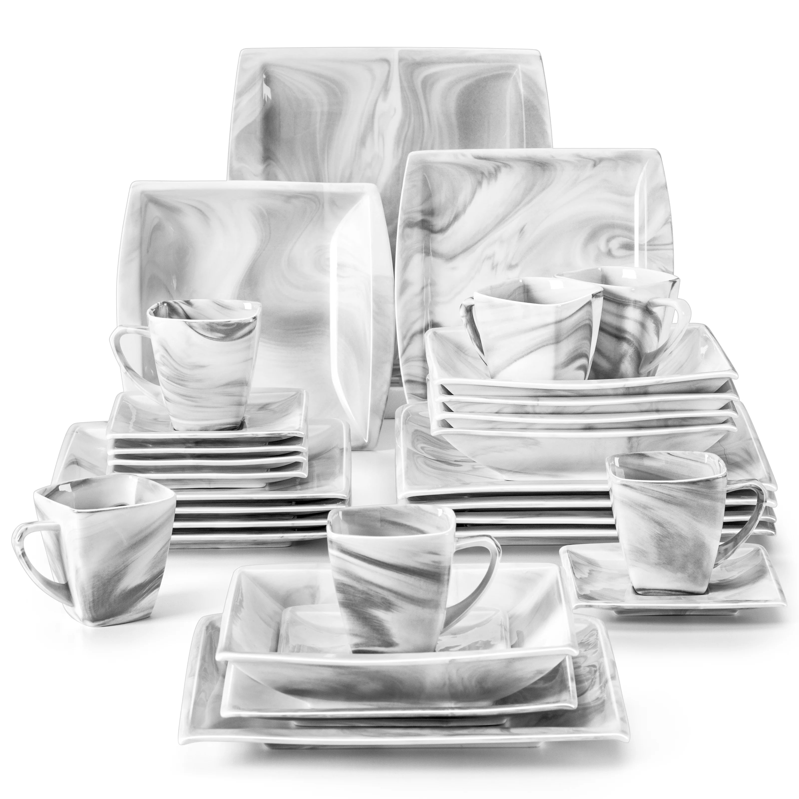 MALACASA .co.jp-Service de Vaisselle en Porcelaine Grise Marbré, avec 6 Assiettes à Dessert, à Soupe, à Queue, à Tasse, S/05, Service pour 12, 30/60 Pièces