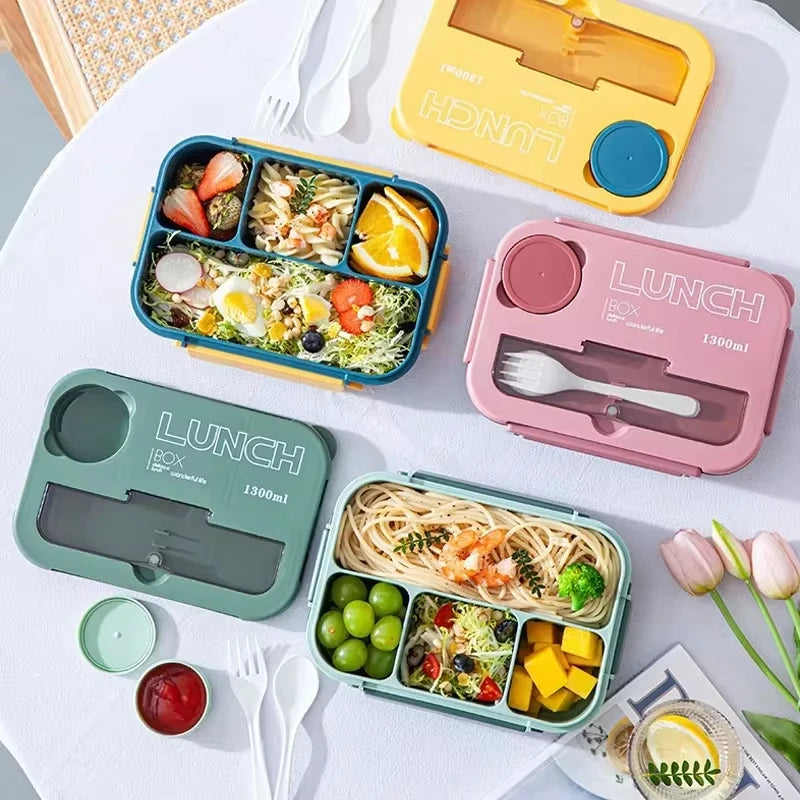 Boîte à lunch avec ustensiles de cuisine, micro-ondable, lave-vaisselle, livres, bento hermétique, étudiants, adultes, école, bureau, 1300ml, 4 grilles