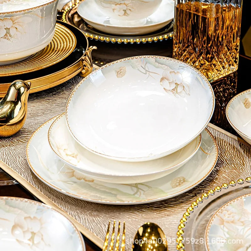 Nouvel ensemble de vaisselle en céramique de style chinois, ensemble cadeau pour la maison et les événements professionnels, ensemble complet de bols en porcelaine fine.