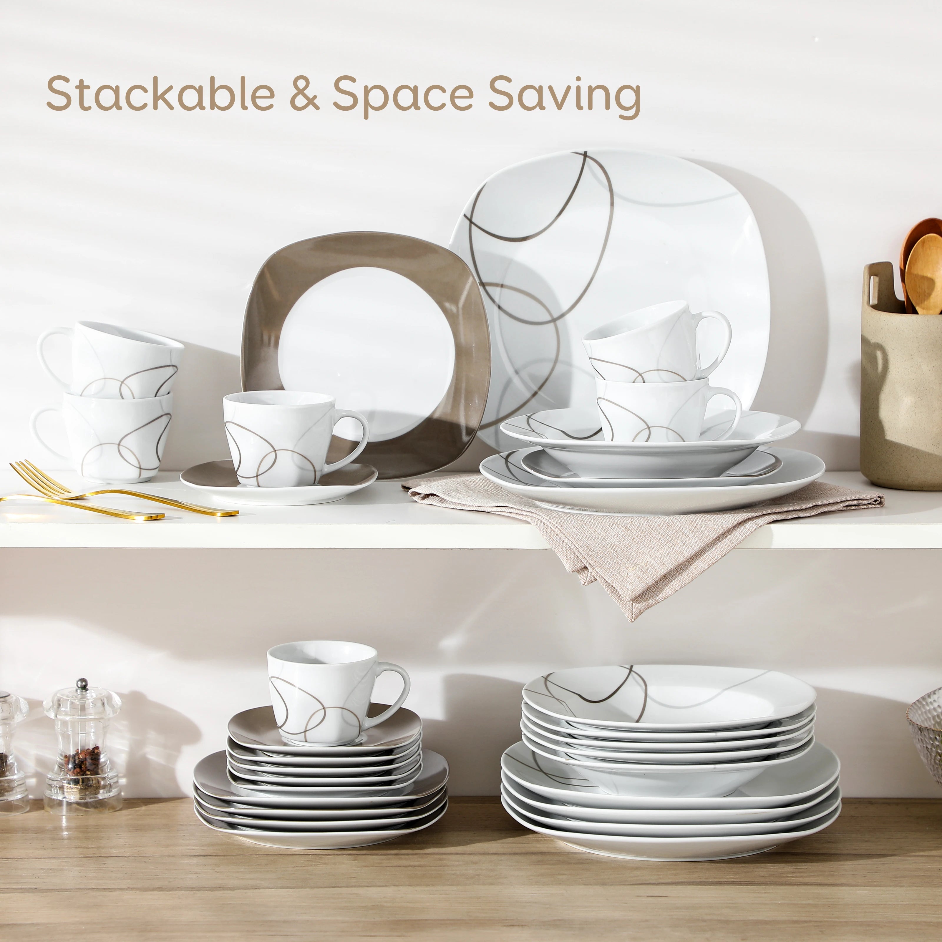 VEWEET – ensemble d'assiettes de cuisine en céramique et porcelaine, 30 pièces, avec 6 assiettes à Dessert/assiettes à soupe/assiettes à dîner/tasses/cuiseurs