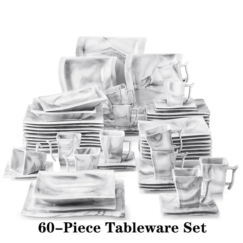 MALACASA FLORA 30/60 pièces ensemble de vaisselle en porcelaine grise marbre avec 6 pièces assiette à dîner/dessert/soupe/tasses et soucoupes ensemble de vaisselle