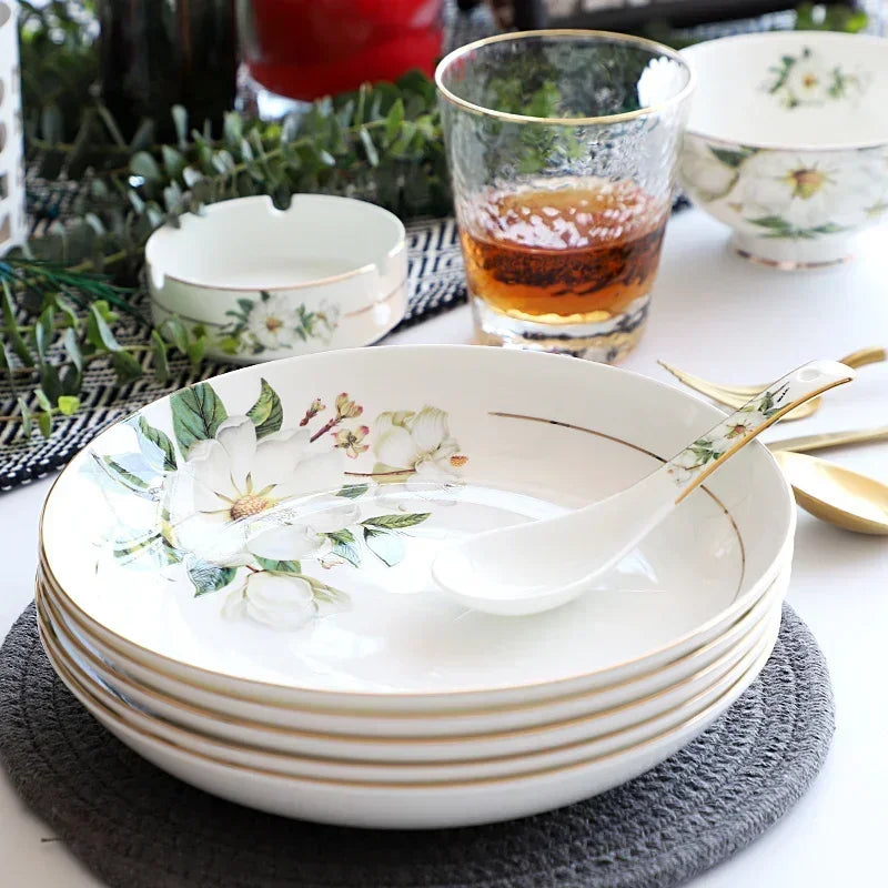 Vaisselle en porcelaine d'os, bols de riz en céramique pour la maison, plats, Pots à soupe, assiette profonde, assiette plate à Steak, vaisselle florale