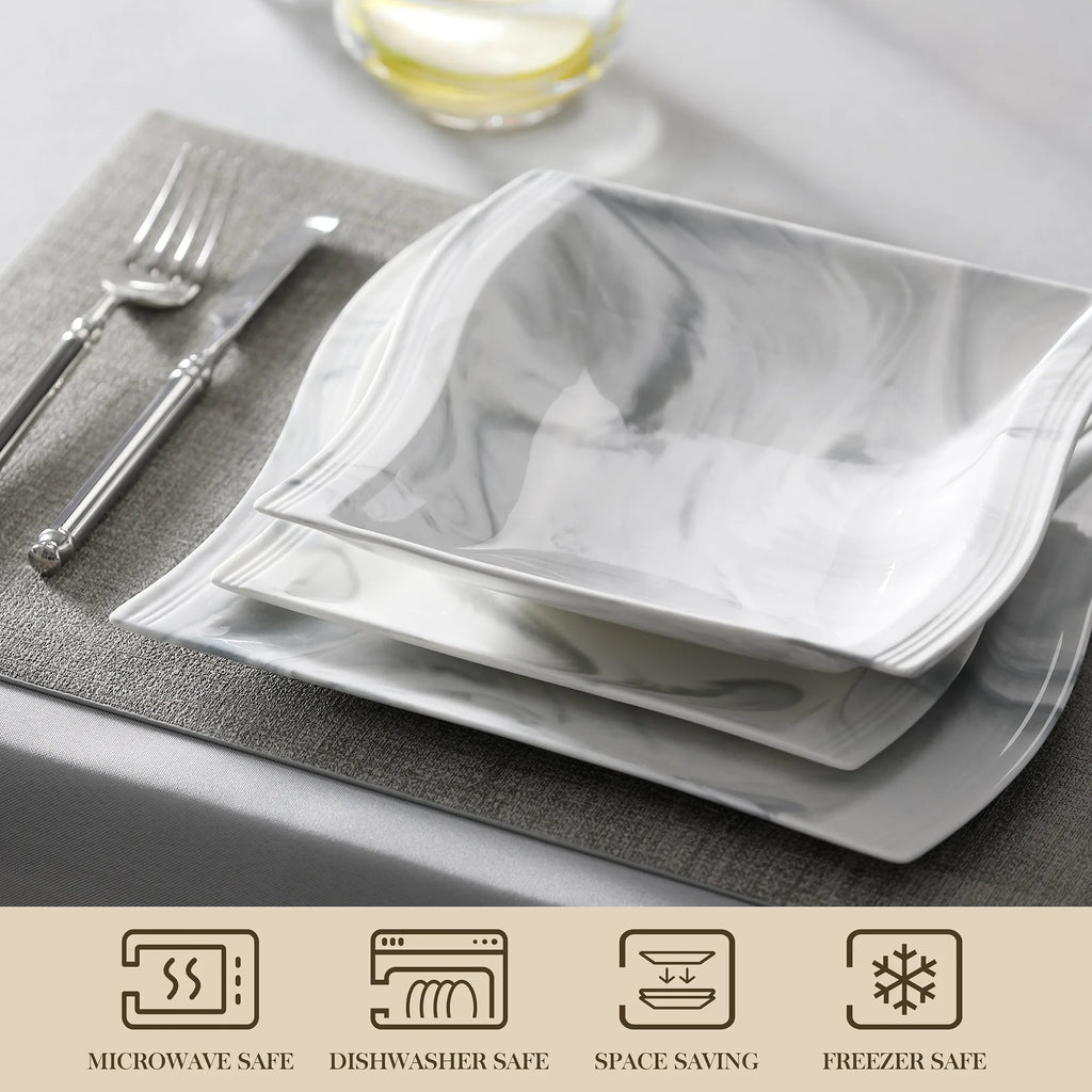 MALACASA FLORA 30/60 pièces ensemble de vaisselle en porcelaine grise marbre avec 6 pièces assiette à dîner/dessert/soupe/tasses et soucoupes ensemble de vaisselle