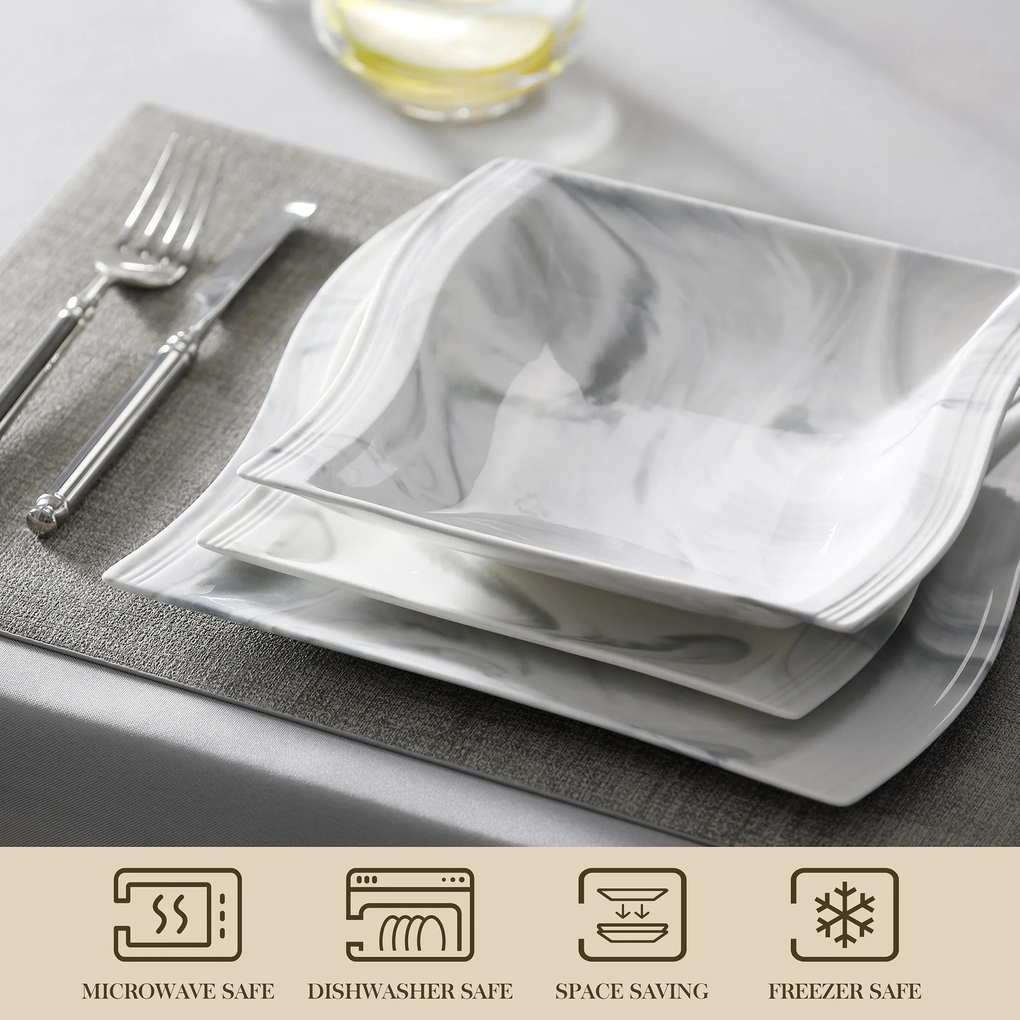 MALACASA FLORA 30/60 pièces ensemble de vaisselle en porcelaine grise marbre avec 6 pièces assiette à dîner/dessert/soupe/tasses et soucoupes ensemble de vaisselle