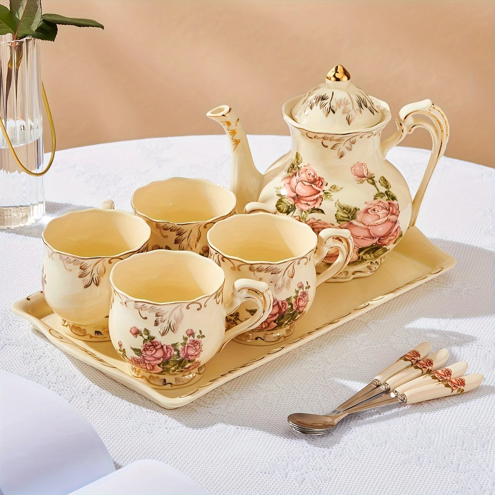 Ensemble de tasses à thé et soucoupes à arbustes fleuris, service à thé, ensemble de tasses à thé florales en céramique ivoire avec support doré, ensemble de tasses à café