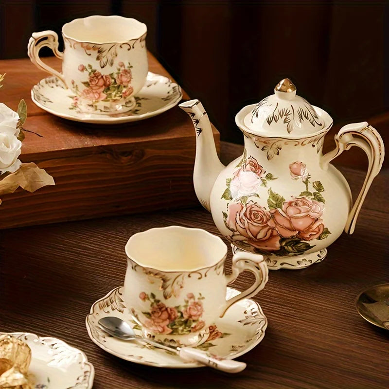 Ensemble de tasses à thé et soucoupes à arbustes fleuris, service à thé, ensemble de tasses à thé florales en céramique ivoire avec support doré, ensemble de tasses à café