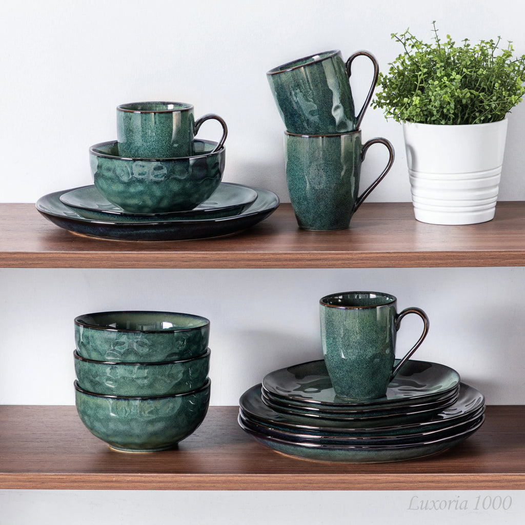 Service de table vert étoilé Vancasso 16/32 pièces, vaisselle en céramique effet four avec assiette plate, assiette à dessert, bol et tasse