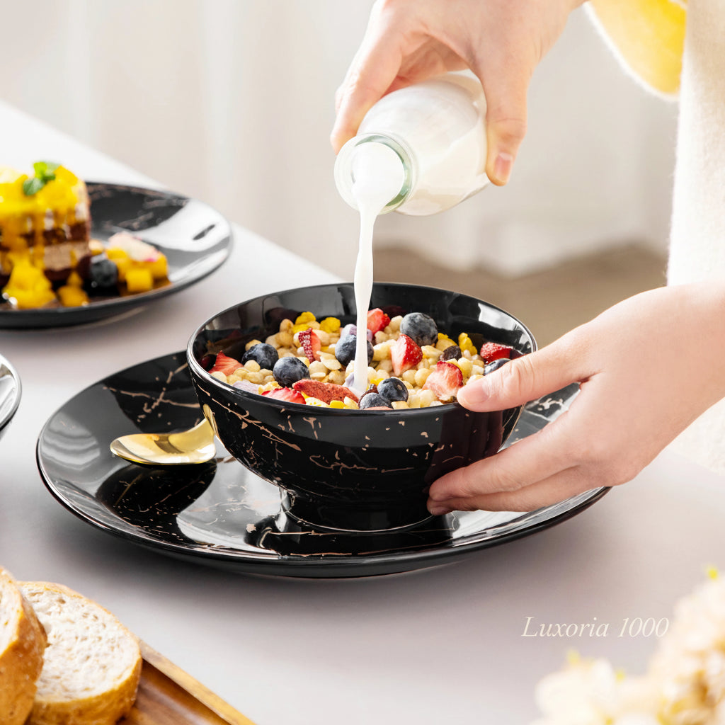 LOVECASA 24 pièces ensembles de vaisselle en glaçure dorée éclaboussures assiettes en porcelaine ensemble de dîner avec 6 pièces assiette à dîner/dessert/assiette à soupe/bol