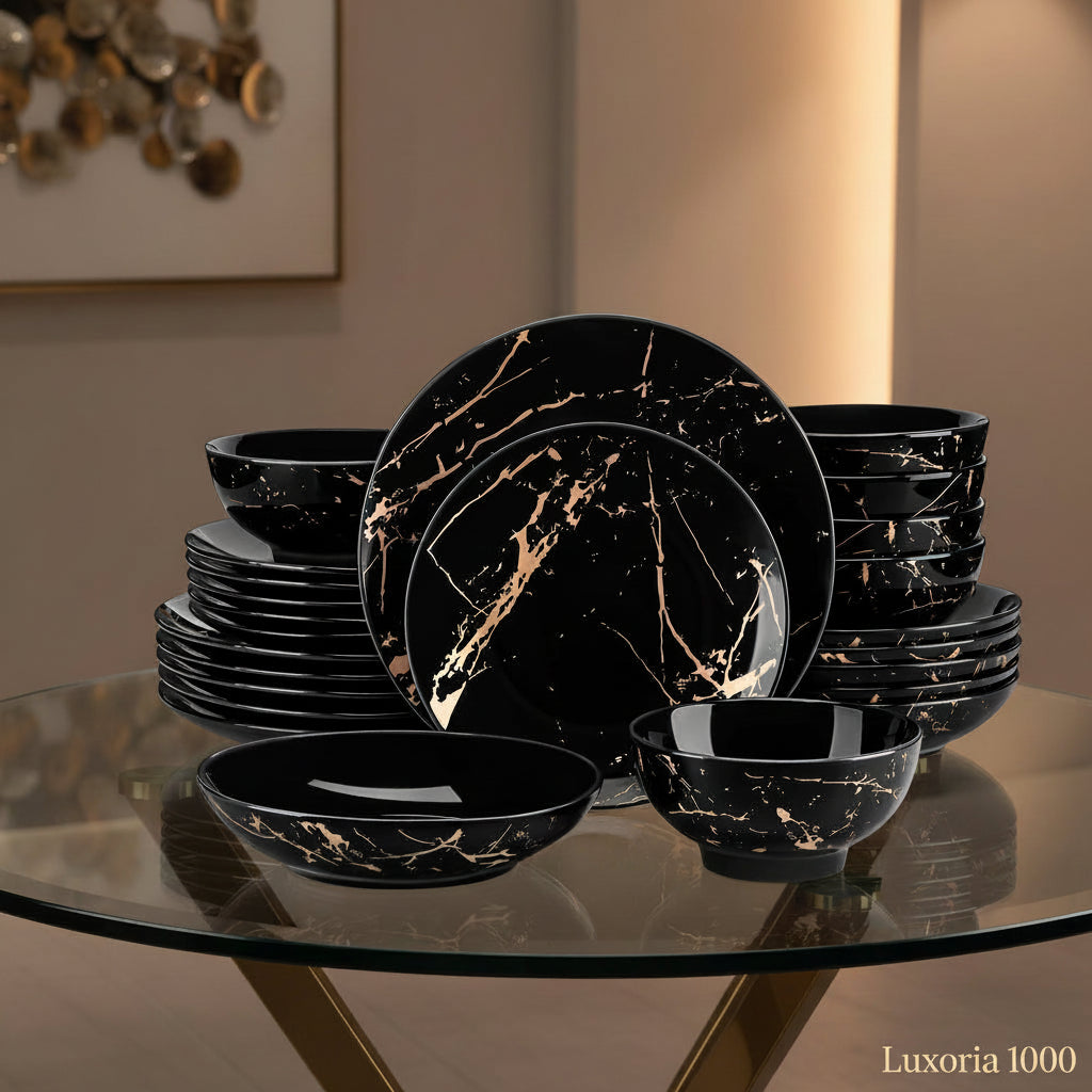 LOVECASA 24 pièces ensembles de vaisselle en glaçure dorée éclaboussures assiettes en porcelaine ensemble de dîner avec 6 pièces assiette à dîner/dessert/assiette à soupe/bol