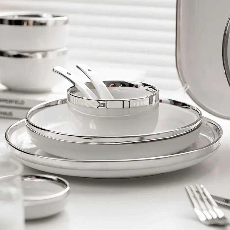 Assiettes en céramique blanche avec assiette de service à Steak argenté, bols, plat à dîner, service de vaisselle en porcelaine pour hôtel familial