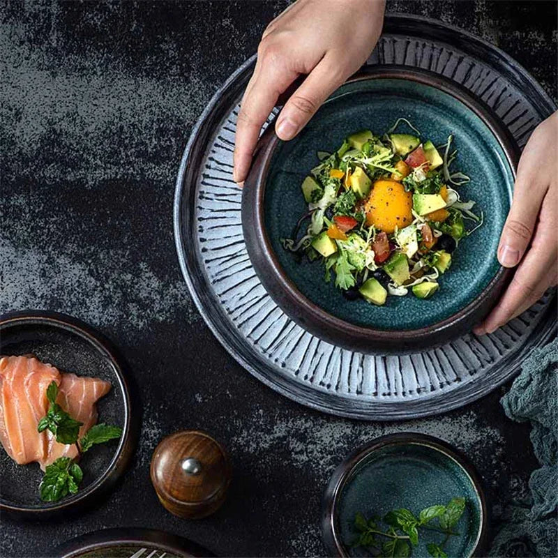 Filles à riz en céramique japonais créatif, dessert à salade Per95.ashimi, vaisselle artistique rétro, bol à soupe en verre en bois de ramen à salade